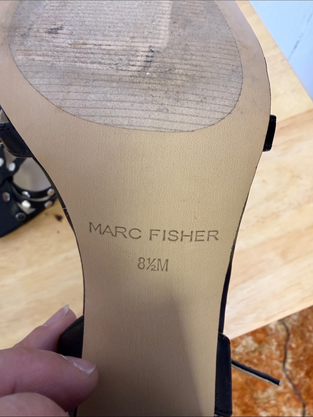 Marc Fisher Black Studded T-Strap Block Heels - Picture 3 of 8